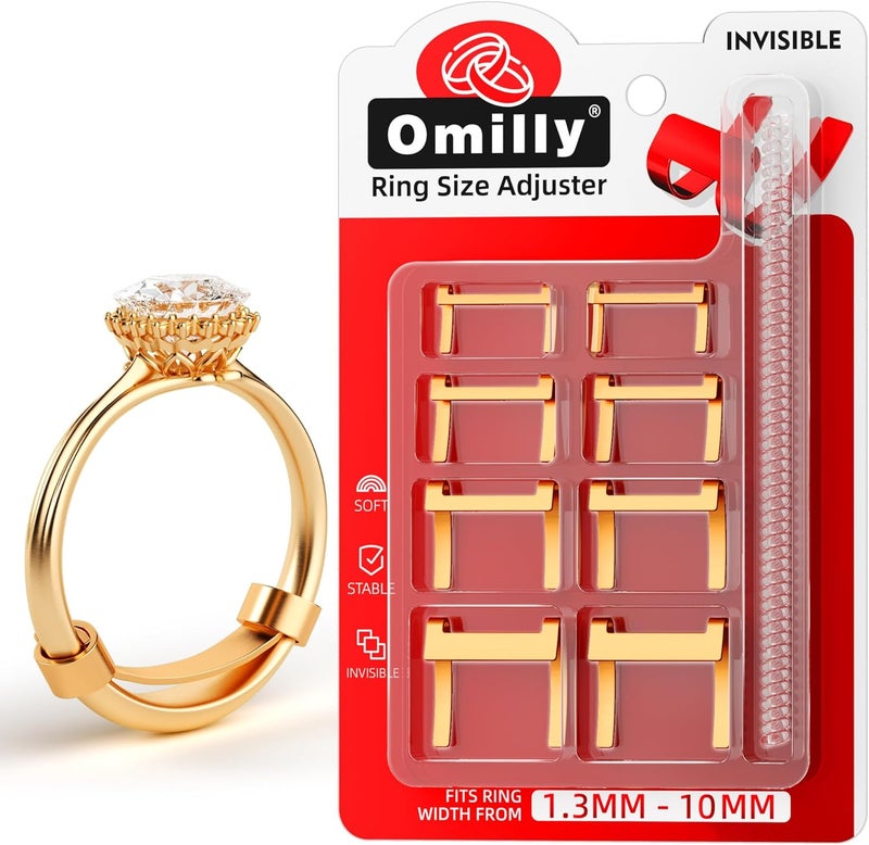 Omilly Filled Metal Ring Guard for Loose Rings, Invisible Ring Size Adjuster, Fits Ring Width 1.3mm-10mm, Easy to Use, 8 Pack with 4 Sizes, Secure Fit for Women & Men-Golden - Image 1